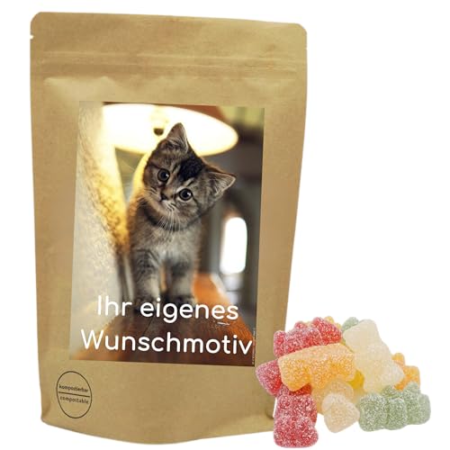 Deine Naschbox | Naschbeutel mit eigenem Motiv | kompostierbar | Größe S | gefüllt mit 150g sauren Fruchtgummi Bären - Saftig prickelnder Naschspaß von PE ÄM
