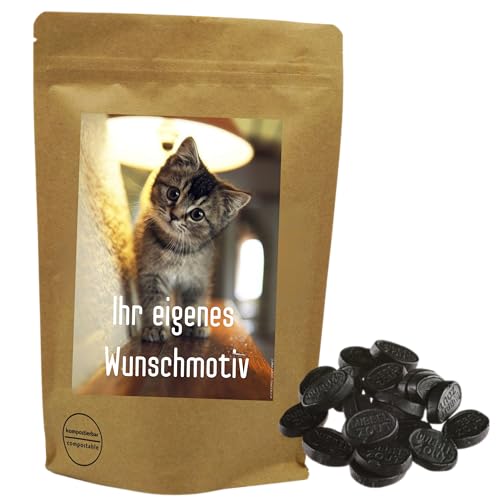 Deine Naschbox | Naschbeutel mit eigenem Motive | kompostierbar | Größe S | gefüllt mit 150g aromatisch würzigen doppelt gesalzenen Lakritz Ovalen von PE ÄM