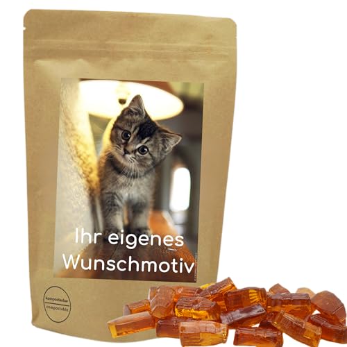 Deine Naschbox | Naschbeutel mit eigenem Motive | kompostierbar | Größe S | gefüllt mit 150g aromatischen Fruchtgummi Colafläschchen - zuckerfrei von PE ÄM