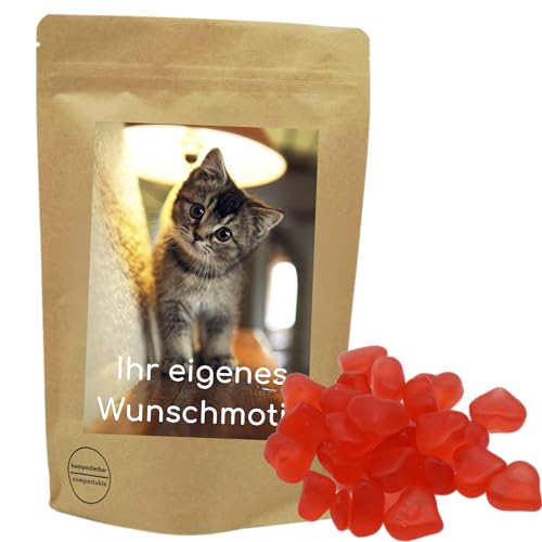 Deine Naschbox | Naschbeutel mit eigenem Motive | kompostierbar | Größe S | gefüllt mit 150g lecker fruchtigen zuckerfreien Fruchtgummiherzen von PE ÄM