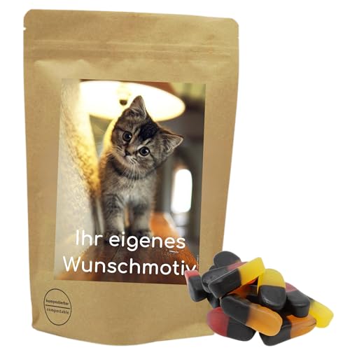 Deine Naschbox | Naschbeutel mit eigenem Motive | kompostierbar | Größe S | gefüllt mit 150g würzigen Fruchtgummi Lakritz Duo Gum - Two in One von PE ÄM