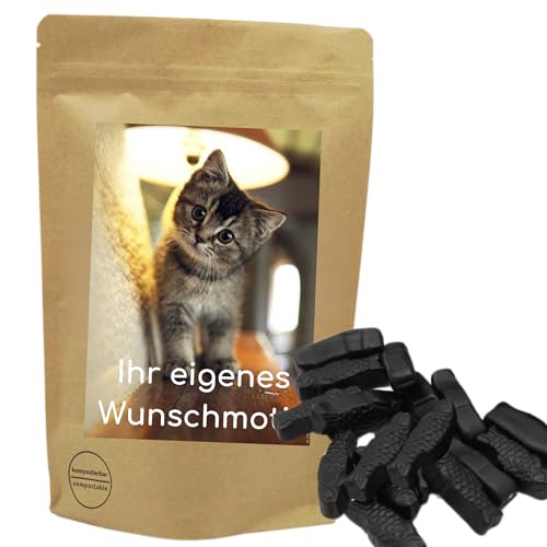 Deine Naschbox | Naschbeutel mit eigenem Motive | kompostierbar | Größe S | gefüllt mit 150g würzigen Salzlakritz Fischen extra stark - Aromatisch von PE ÄM