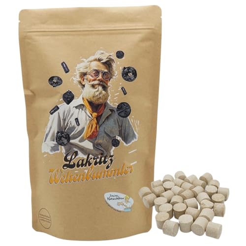 Deine Naschbox | Naschbeutel mit tollen Motiven | kompostierbar | Größe L | gefüllt mit 800g Süßholz Lakritz Pastillen - Salmiakpulver Zylinder von PE ÄM