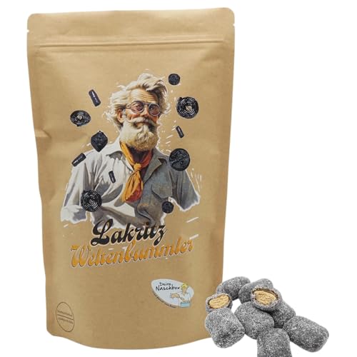 Deine Naschbox | Naschbeutel mit tollen Motiven | kompostierbar | Größe L | gefüllt mit 800g gezuckerten Salmiak Lakritz Trüffeln - Gelatinefrei von PE ÄM