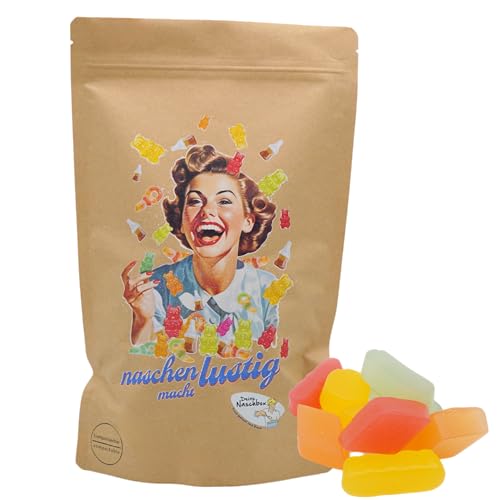 Deine Naschbox | Naschbeutel mit tollen Motiven | kompostierbar | Größe L | gefüllt mit 800g zuckerfreiem Weingummi - Fruchtig nach englischer Art von PE ÄM