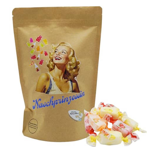 Deine Naschbox | Naschbeutel mit tollen Motiven | kompostierbar | Größe M | gefüllt mit 300g saftigen zuckerfreien Fruchtsaft-Toffee - Kaubonbons von PE ÄM