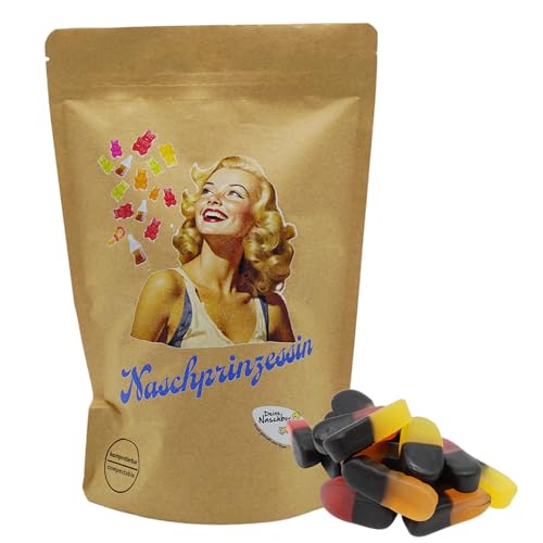 Deine Naschbox | Naschbeutel mit tollen Motiven | kompostierbar | Größe M | gefüllt mit 450g würzigen Fruchtgummi Lakritz Duo Gum - Two in One von PE ÄM