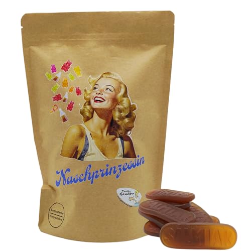 Deine Naschbox | Naschbeutel mit tollen Motiven | kompostierbar | Größe M | gefüllt mit 450g würzigen Salmiak Lakritz Zungen - Fest & Aromatisch von PE ÄM