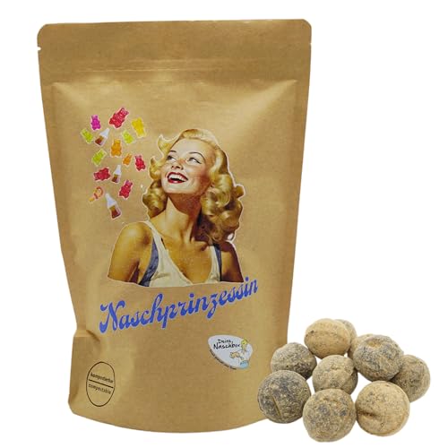 Deine Naschbox | Naschbeutel mit tollen Motiven | kompostierbar | Größe M | gefüllt mit 450g würzigen harten Salmiak Lakritz Bällen - Gelatinefrei von PE ÄM