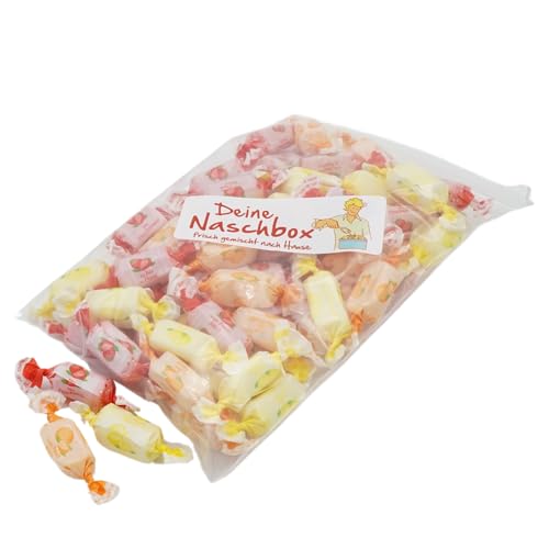 Deine Naschbox | Zuckerfreie Fruchtsaft-Toffees | 250g Nachfüllbeutel | Minimale Verpackung 100% recyclebar - Bonbon Großpackung - Kaubonbon 3er Mix von PE ÄM