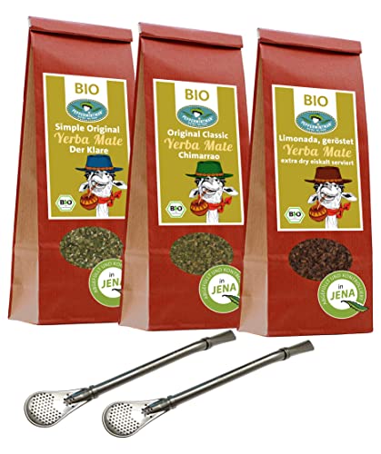 Bio Mate Set, 3x 250g - Green Chimarrao, Roasted Medium Cut & Green Medium Cut inkl. 2x Bombilla gratis - vom brasilianischen Familienbetrieb - PEPPERMINTMAN von PEPPERMINTMAN Oliver Neye - Jena / Germany