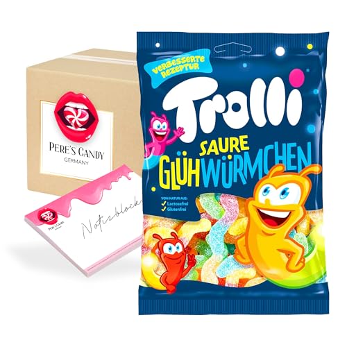Pere's Candy® Bundle für Trolli Saure Glühwürmchen Fruchtgummi 7erPack (7 x 150g) + Pere's Candy Notepad DIN A7-25 Blatt von PERE’S CANDY