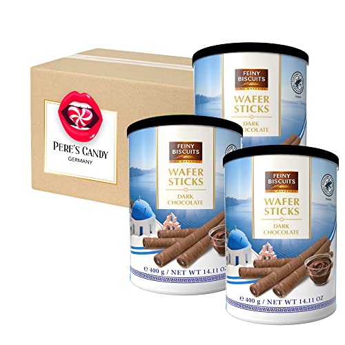 1,2 kg • Dark Chocolate Wafer Sticks • Waffelröllchen mit Zartbitterschokoladencreme 3erPack (3 x 400 g) • von Pere's Candy® Box mit Geschenk von PERE’S CANDY