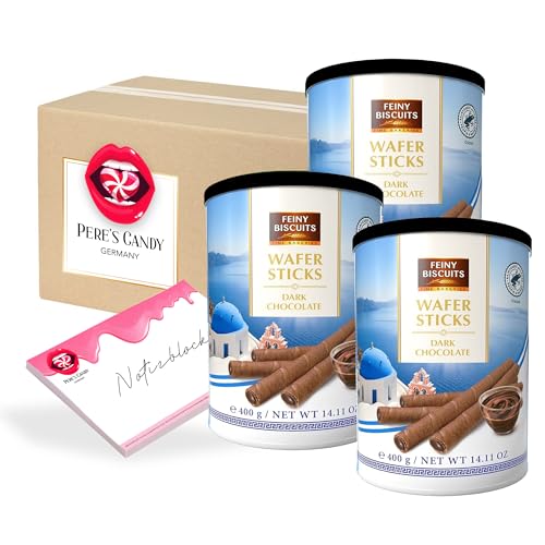 1,2 kg • Dark Chocolate Wafer Sticks • Waffelröllchen mit Zartbitterschokoladencreme 3erPack (3 x 400 g) • von Pere's Candy® Box mit Geschenk von PERE’S CANDY