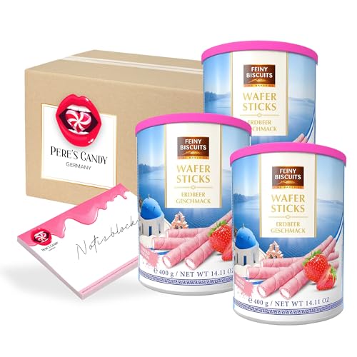 Pere's Candy® Bundle für 1,2 kg • Erdbeere Wafer Sticks • Waffelröllchen mit Erdbeergeschmackcreme 3er Pack (3 x 400 g) + Pere's Candy Notepad DIN A7-25 Blatt von PERE’S CANDY