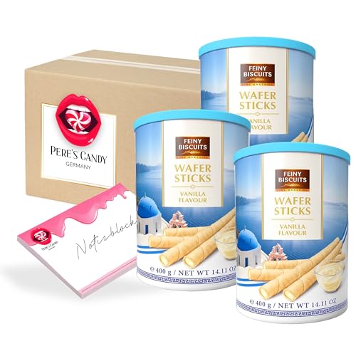 1,2 kg • Vanille Wafer Sticks • Waffelröllchen mit Vanillegeschmackcreme 3er Pack (3 x 400 g) • von Pere's Candy® Box mit Geschenk von PERE’S CANDY