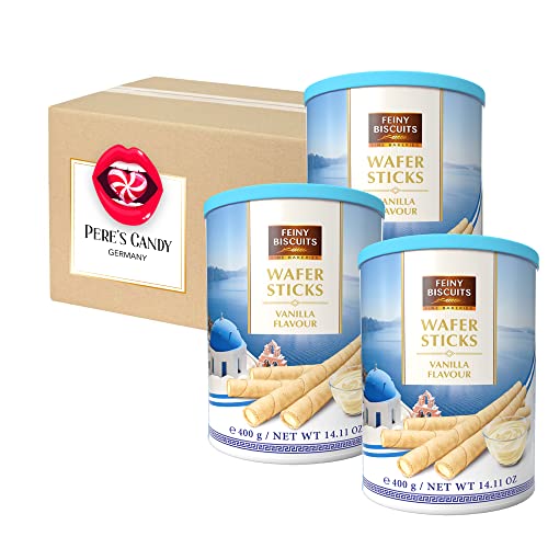 1,2 kg • Vanille Wafer Sticks • Waffelröllchen mit Vanillegeschmackcreme 3er Pack (3 x 400 g) • von Pere's Candy® Box mit Geschenk von PERE’S CANDY