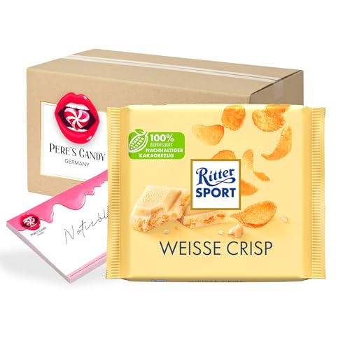 Pere's Candy Bundle für 10 x 100g Weisse Crisp Tafel aus weißer Schokolade Corn- und Reis-Flakes + Pere's Candy Notepad DIN A7-25 Blatt von PERE’S CANDY