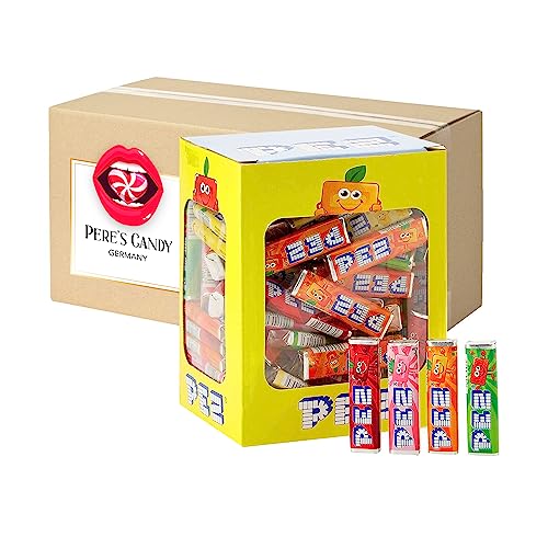 100 Stück PEZ Bonbons Mix Frucht 1er Pack (1 x 850 g) Sorten Orange, Erdbeere, Himbeere und Kirsche von Pere's Candy® Box mit Geschenk von PERE’S CANDY