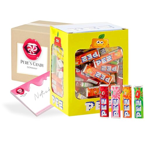 Pere's Candy® Bundle für 100 Stück PEZ Bonbons Mix Frucht 1er Pack (1 x 850 g) Sorten Orange, Erdbeere, Himbeere und Kirsche + Pere's Candy Notepad DIN A7-25 Blatt von PERE’S CANDY