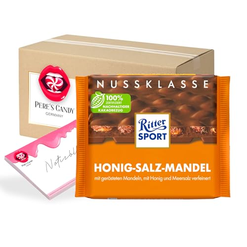 Pere's Candy Bundle für 11 x 100g Honig-Salz-Mandel Tafel ganzen gerösteten gesalzenen Mandeln + Pere's Candy Notepad DIN A7-25 Blatt von PERE’S CANDY