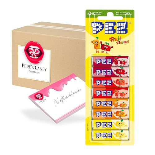 Pere's Candy® Bundle für 12 Stück x 8er • PEZ Nachfüllpackung Bonbons Mix Frucht (12 x 86 g) + Pere's Candy Notepad DIN A7-25 Blatt von PERE’S CANDY