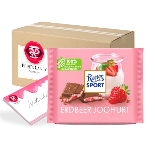 Pere's Candy Bundle für 12 x 100g Erdbeer Joghurt Gefüllte Vollmilchschokolade Reis-Crisps und Erdbeer-Stückchen + Pere's Candy Notepad DIN A7-25 Blatt von PERE’S CANDY