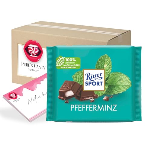 Pere's Candy® Bundle für 12 x 100g Pfefferminz Dunkle Halbbitter-Schokolade mit Pfefferminz-Füllung + Pere's Candy Notepad DIN A7-25 Blatt von PERE’S CANDY