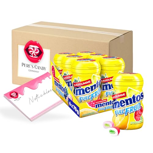 19,99€ inkl. USt (47,60€/kg) Mentos Full Fruit Kaugummi (6 x 70g) zuckerfreie Chewing Gum Dragees & flüssiger Füllung von Pere's Candy® mit Geschenk notepad - Bundle von PERE’S CANDY