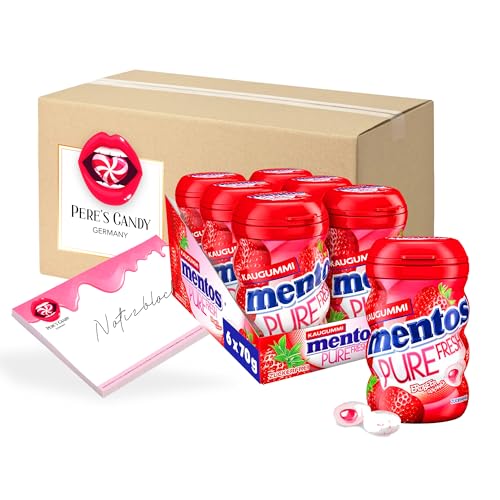 19,99€ inkl. USt (47,60€/kg) Mentos Pure Fresh Erdbeere Kaugummi (6 x 70g) zuckerfreie Chewing Gum Dragees & flüssiger Füllung von Pere's Candy® mit Geschenk notepad - Bundle von PERE’S CANDY