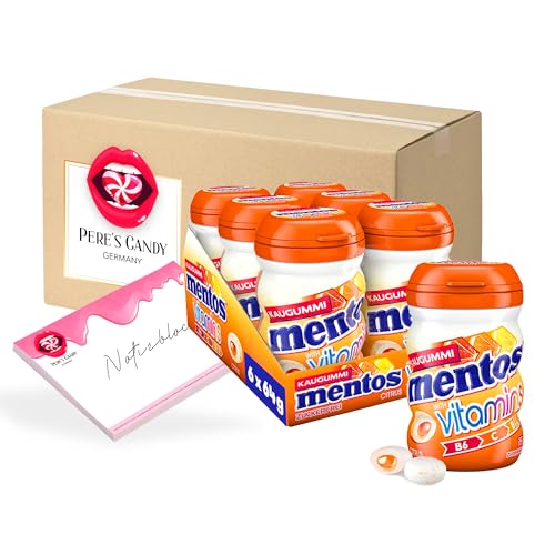 19,99€ inkl. USt (47,60€/kg) Mentos Vitamins Citrus Kaugummi (6 x 70g) zuckerfreie Chewing Gum Dragees & flüssiger Füllung von Pere's Candy® mit Geschenk notepad - Bundle von PERE’S CANDY