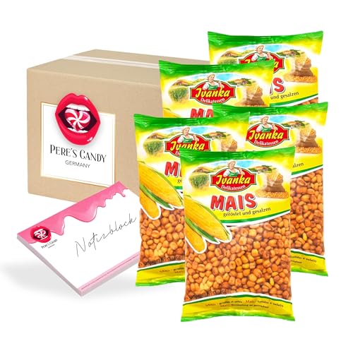 Pere's Candy® Bundle für 5er Pack (5 x 500 g) Mais geröstet und gesalzen • Maissnack extra knusprig + Pere's Candy Notepad DIN A7-25 Blatt von PERE’S CANDY