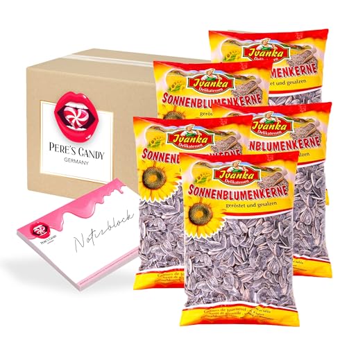 Pere's Candy Bundle für 2 kg Sonnenblumenkerne • geröstet und gesalzen 5er Pack (5 x 400 g) + Pere's Candy Notepad DIN A7-25 Blatt von PERE’S CANDY