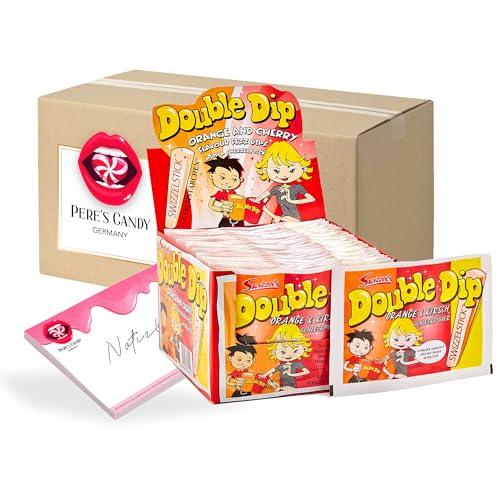 Pere's Candy® Bundle für 24 x 18 g Double Dip Schleckpulver Brause-Pulver Orange & Cherry + Pere's Candy Notepad DIN A7-25 Blatt von PERE’S CANDY