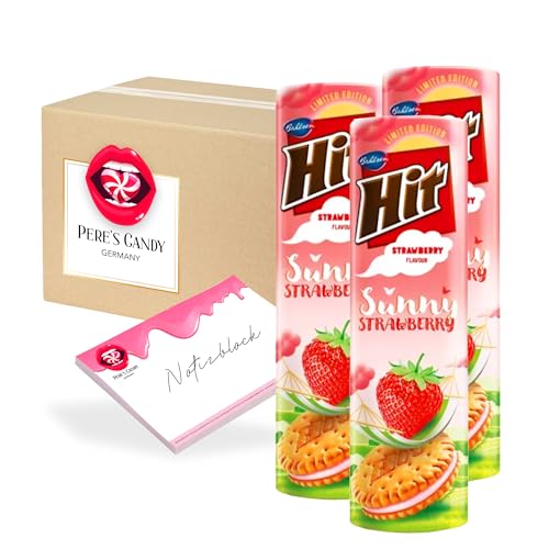 Pere's Candy® Bundle für 3 x 220 g Hit Doppelkekse mit Erdbeeren Crèmefüllung + Pere's Candy Notepad DIN A7-25 Blatt von PERE’S CANDY