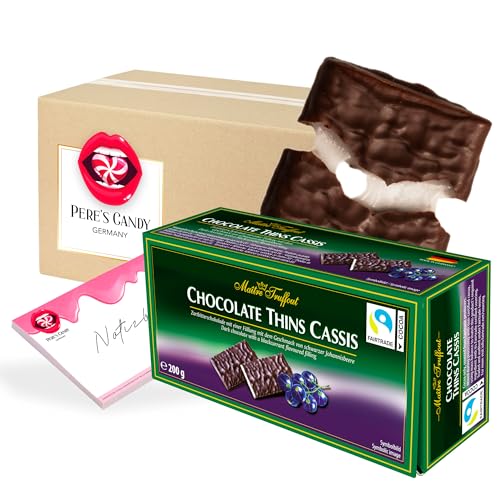 Pere's Candy Bundle für 3 x Chocolate Thins Cassis - Zartbitter Täfelchen schwarze Johannisbeere 200g + Pere's Candy Notepad DIN A7-25 Blatt von PERE’S CANDY