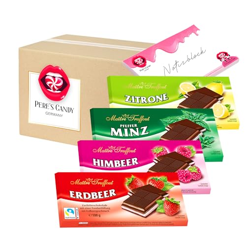 Pere's Candy® Bundle für 4 x Maître Truffout Cremeschokolade Tafel Pfefferminz | Himbeer | Zitrone | Erdbeer 100g + Pere's Candy Notepad DIN A7-25 Blatt von PERE’S CANDY