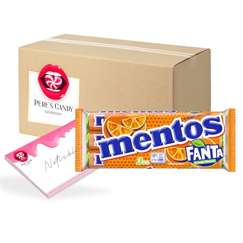 Pere's Candy® Bundle für 5 x (3 Rollen à 37,5g) Mentos Fanta Orange Kaubonbon Multipack Kaudragees + Pere's Candy Notepad DIN A7-25 Blatt von PERE’S CANDY