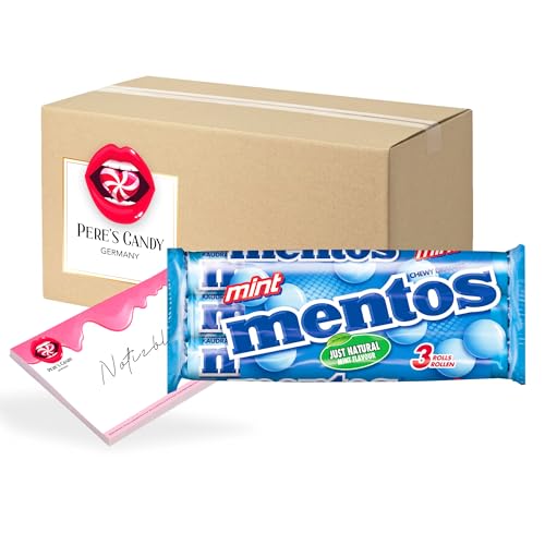 Pere's Candy® Bundle für 5 x (3 Rollen à 38g) Mentos Minze Kaubonbon Multipack Kaudragees + Pere's Candy Notepad DIN A7-25 Blatt von PERE’S CANDY