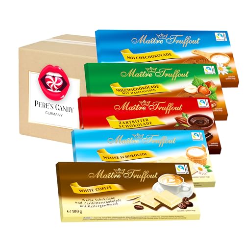 Pere's Candy Bundle für 5 x 100g Maître Truffout Tafel MIX PACK | Milchschokolade | Zartbitterschokolade | Weisse | Haselnuss | Kaffee + Pere's Candy Geschenk von PERE’S CANDY