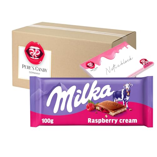 Pere's Candy Bundle für 5 x 100g Milka Tafelschokolade Alpenmilch mit Raspberry Cream + Pere's Candy Notepad DIN A7-25 Blatt von PERE’S CANDY