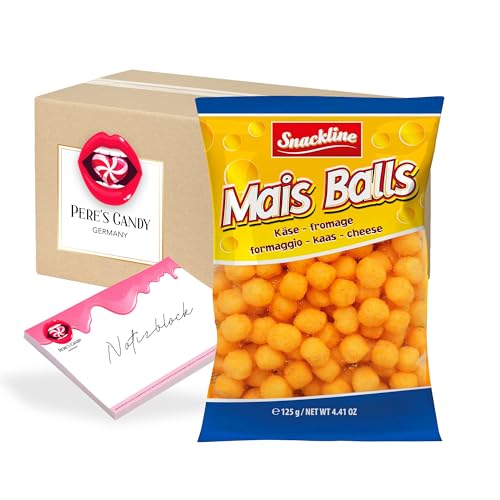 Pere's Candy® Bundle für 5 x 125 g Extrudierter Balls Käse Maissnack Knusprig-gepuffter Maissnack + Pere's Candy Notepad DIN A7-25 Blatt von PERE’S CANDY