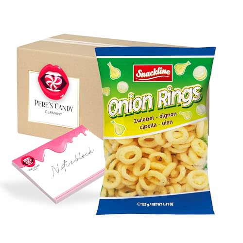 Pere's Candy® Bundle für 5 x 125 g Extrudierter Onion Rings Maissnack Knusprig-gepuffter Maissnack + Pere's Candy Notepad DIN A7-25 Blatt von PERE’S CANDY