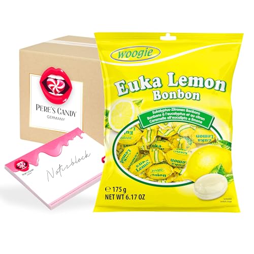 Pere's Candy® Bundle für 5 x 175 g Euka Lemon Bonbons Erfrischungs Hartkaramellen + Pere's Candy Notepad DIN A7-25 Blatt von PERE’S CANDY