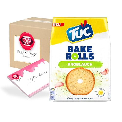Pere's Candy® Bundle für Tuc Knoblauch Bake Rolls Brotchips 7erPack(7 x 80g) Bake rolls Knäckebrot Chips + Pere's Candy Notepad DIN A7-25 Blatt von PERE’S CANDY
