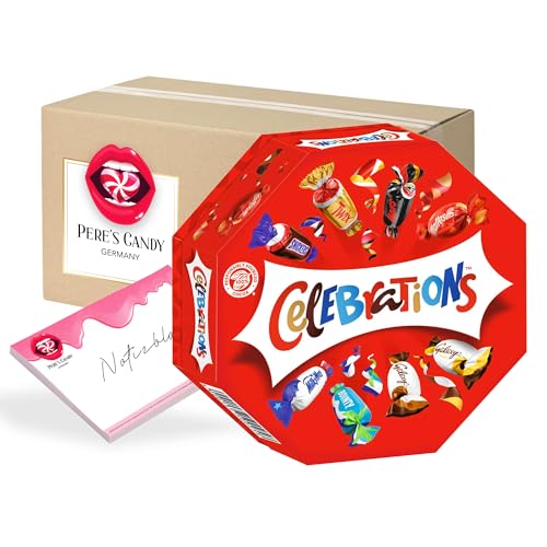 Pere's Candy® Bundle für 8 x 186 g Celebrations Geschenkbox Mini Schokoriegel Mix, Twix, Snickers + Pere's Candy Notepad DIN A7-25 Blatt von PERE’S CANDY