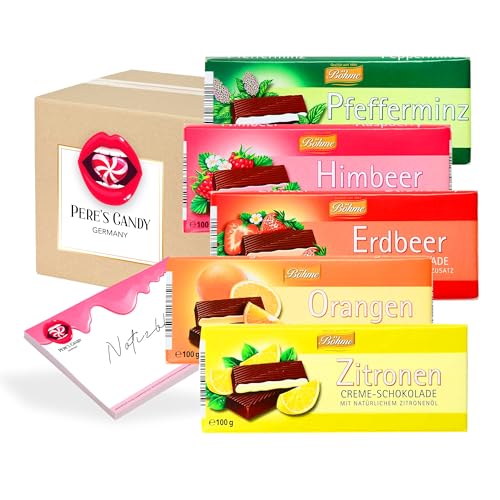 Pere's Candy® Bundle für Böhme Creme Schokolade 5x100g (Pfefferminz | Himbeer | Zitrone | Erdbeer | Orangen) + Pere's Candy Notepad DIN A7-25 Blatt von PERE’S CANDY