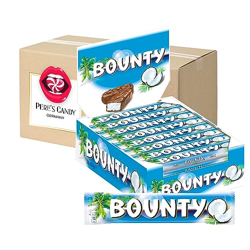Bounty Vollmilch Thekendisplay mit 24 einzeln verpackten Doppel-Riegeln aus Milchschokolade mit Füllung aus saftigem Kokosmark mit Geschenk von Pere's Candy von PERE’S CANDY