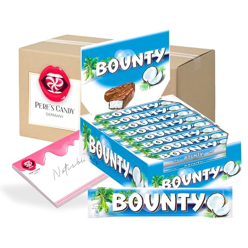 Pere's Candy® Bundle für Bounty Vollmilch Thekendisplay mit 24 einzeln verpackten Doppel-Riegeln aus Milchschokolade mit Füllung + Pere's Candy Notepad DIN A7-25 Blatt von PERE’S CANDY