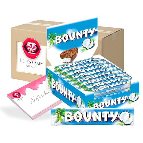 Bounty Vollmilch Thekendisplay mit 24 einzeln verpackten Doppel-Riegeln aus Milchschokolade mit Füllung aus saftigem Kokosmark mit Geschenk von Pere's Candy von PERE’S CANDY